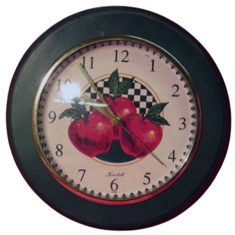 Plastic Wall Clock,10" Dia., 3 RED APPLES & BUFFALO CHECK, green rim, Kinbell